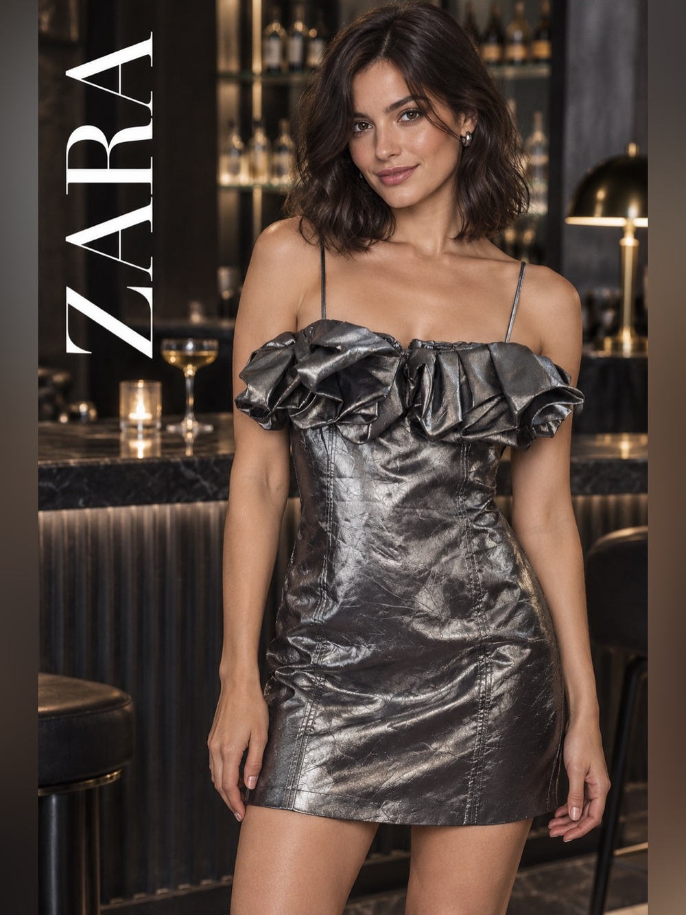 ZARA Pewter Metallic Ruffle-Trim Mini Dress